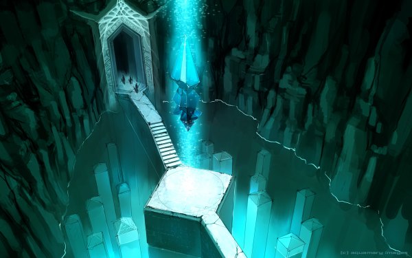 Anime picture 1200x750 with original mary (pixiv) wide image light no people fantasy silhouette warrior stairs crystal cave