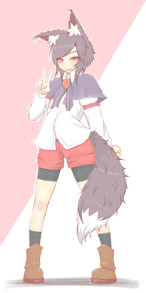 Anime picture 1000x2000 with touhou imaizumi kagerou cube85 single tall image short hair open mouth simple background smile red eyes brown hair standing white background animal ears full body tail animal tail victory red background wolf ears