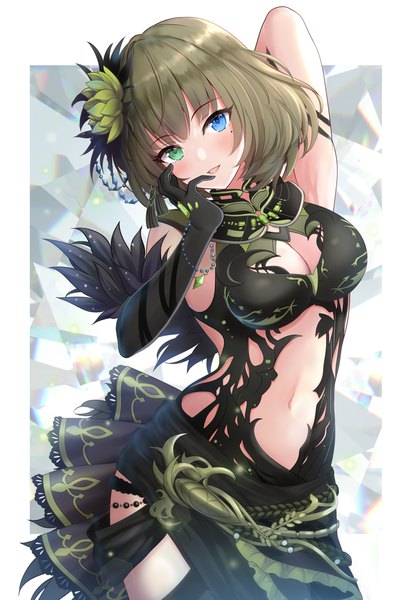 Anime picture 1030x1500 with idolmaster idolmaster cinderella girls idolmaster cinderella girls starlight stage takagaki kaede kirimoti34 single tall image looking at viewer blush fringe short hair breasts open mouth blue eyes light erotic simple background smile large breasts standing green eyes