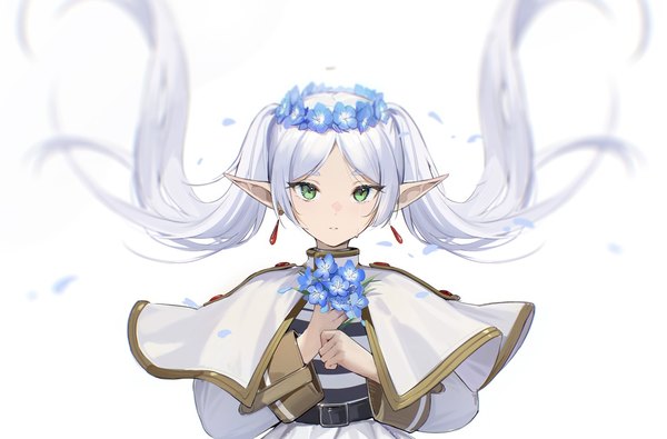 Anime picture 1491x981 with sousou no frieren frieren alche (benruce) single long hair looking at viewer simple background white background twintails green eyes silver hair upper body pointy ears elf girl flower (flowers) earrings wreath head wreath nemophila (flower)