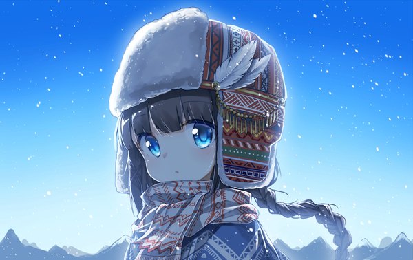 Anime picture 1915x1207 with original darnell single long hair looking at viewer blush fringe highres open mouth blue eyes black hair payot sky upper body outdoors blunt bangs braid (braids) wind :o loli