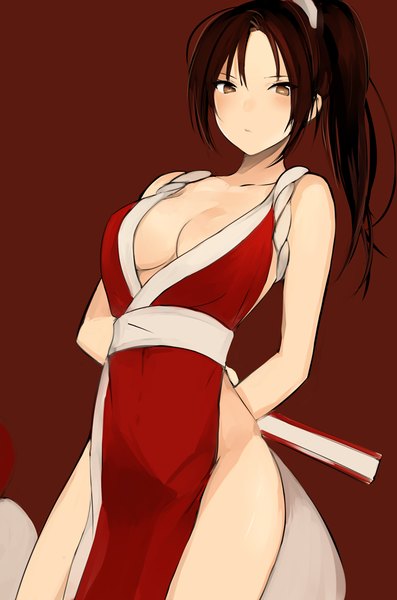 Anime picture 650x981 with the king of fighters snk shiranui mai lpip single long hair tall image looking at viewer blush fringe breasts light erotic simple background hair between eyes brown hair large breasts standing bare shoulders brown eyes payot