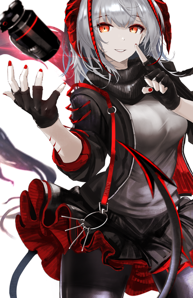 Anime picture 3207x4960 with arknights w (arknights) utsuke single tall image looking at viewer fringe highres short hair breasts simple background standing white background absurdres silver hair ponytail tail blunt bangs nail polish parted lips