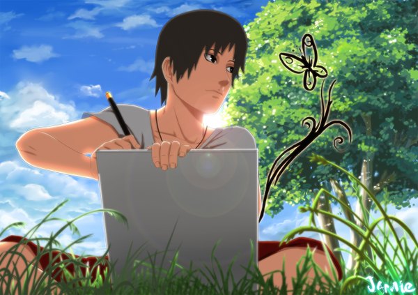 Anime picture 1300x918 with naruto studio pierrot naruto (series) sai gaarajamie88 single short hair black hair sky cloud (clouds) black eyes sunlight magic boy plant (plants) tree (trees) insect butterfly grass sun