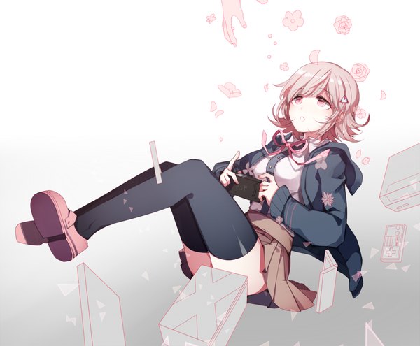 Anime picture 1001x826 with dangan ronpa super dangan ronpa 2 nanami chiaki dasulchan single fringe short hair looking away pink hair bent knee (knees) pleated skirt pink eyes open clothes open jacket looking up falling girl thighhighs skirt flower (flowers)