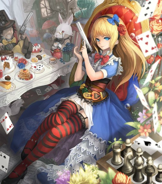 Anime picture 793x900 with alice in wonderland alice (wonderland) white rabbit mad hatter akira0171 long hair tall image looking at viewer short hair open mouth light erotic black hair blonde hair smile sitting bent knee (knees) eyes closed hair flower clenched teeth girl