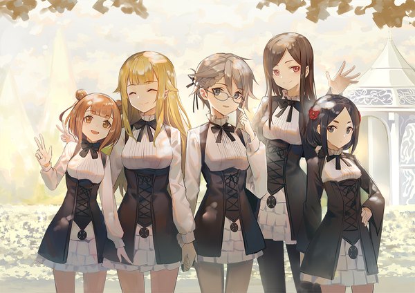 Anime picture 1200x849 with princess principal ange (princess principal) princess (princess principal) dorothy (princess principal) toudou chise beatrice (princess principal) huanxiang heitu long hair looking at viewer fringe short hair open mouth black hair blonde hair smile hair between eyes red eyes brown hair multiple girls payot