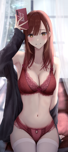 Anime picture 1848x4093 with original inaka 44 single long hair tall image looking at viewer blush fringe highres breasts light erotic smile hair between eyes brown hair large breasts sitting holding yellow eyes indoors long sleeves