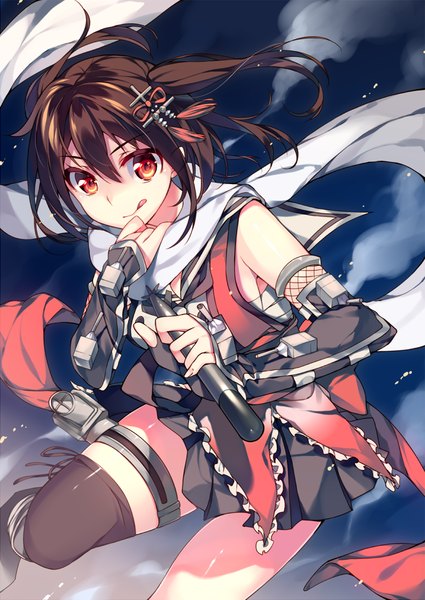Anime picture 708x1000 with kantai collection sendai light cruiser kureaki (exit) single long hair tall image looking at viewer red eyes brown hair sky cloud (clouds) two side up :q girl thighhighs skirt hair ornament detached sleeves miniskirt tongue