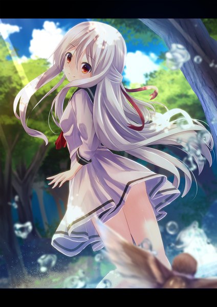 Anime picture 1060x1500 with original kgynu single long hair tall image looking at viewer blush fringe smile hair between eyes red eyes standing payot sky cloud (clouds) outdoors white hair head tilt looking back from behind