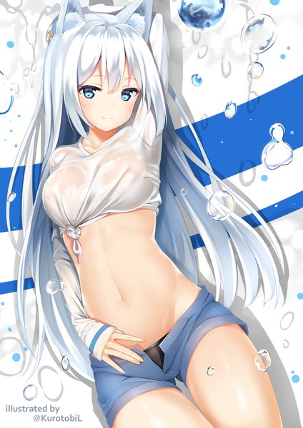 Anime picture 1500x2123 with original kurotobi rarumu single long hair tall image looking at viewer blush breasts blue eyes light erotic large breasts signed animal ears white hair long sleeves light smile bare belly twitter username fox ears groin