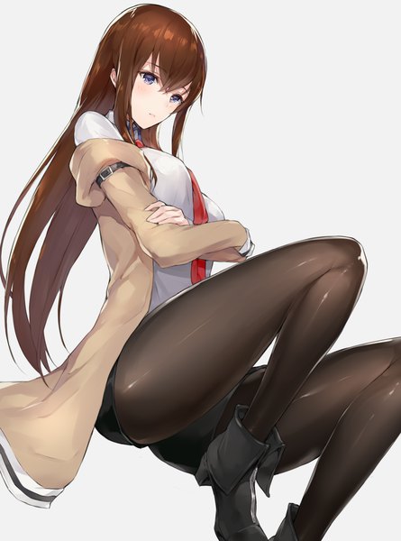 Anime picture 980x1320 with steins;gate white fox makise kurisu hinako (anzu15) single long hair tall image looking at viewer blush fringe blue eyes simple background hair between eyes brown hair payot bent knee (knees) head tilt off shoulder grey background open jacket