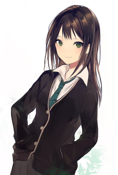 Anime picture 600x888 with idolmaster idolmaster cinderella girls shibuya rin lpip single long hair tall image looking at viewer blush fringe simple background smile brown hair white background green eyes pleated skirt open collar hands in pockets girl skirt