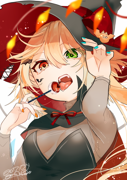 Anime picture 1253x1770 with touhou flandre scarlet gotoh510 single long hair tall image looking at viewer fringe breasts open mouth light erotic blonde hair hair between eyes red eyes green eyes signed upper body nail polish teeth fang (fangs)