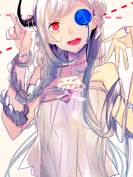Anime picture 800x1067 with original poni (rito) single long hair tall image open mouth red eyes bare shoulders silver hair upper body horn (horns) tears girl dress white dress eyepatch stitches