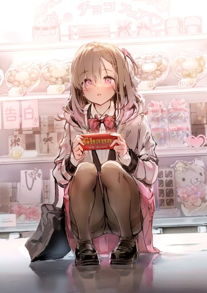 Anime picture 1500x2126 with original ghana (chocolate) lotte (company) anmi single long hair tall image looking at viewer blush fringe open mouth light erotic hair between eyes brown hair holding full body indoors long sleeves pink eyes open jacket