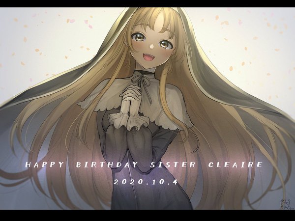 Anime-Bild 1200x900 mit virtual youtuber nijisanji sister cleaire mizuiro 32 single long hair looking at viewer open mouth blonde hair brown eyes upper body :d dated letterboxed hands clasped happy birthday interlocked fingers nun girl gloves