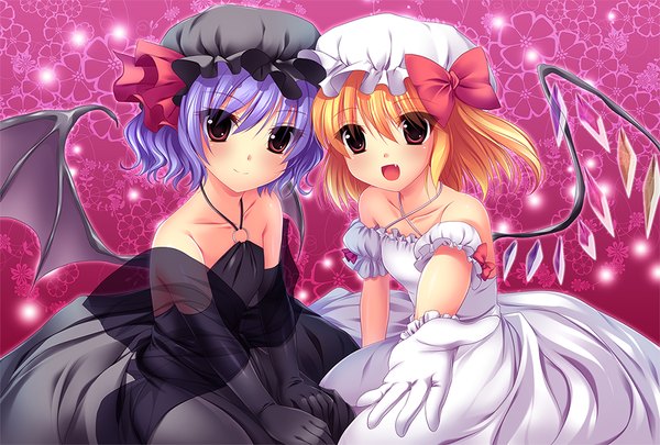 Anime picture 1000x676 with touhou flandre scarlet remilia scarlet po (pixiv) blush short hair open mouth blonde hair red eyes multiple girls blue hair girl dress gloves bow 2 girls wings elbow gloves bonnet crystal