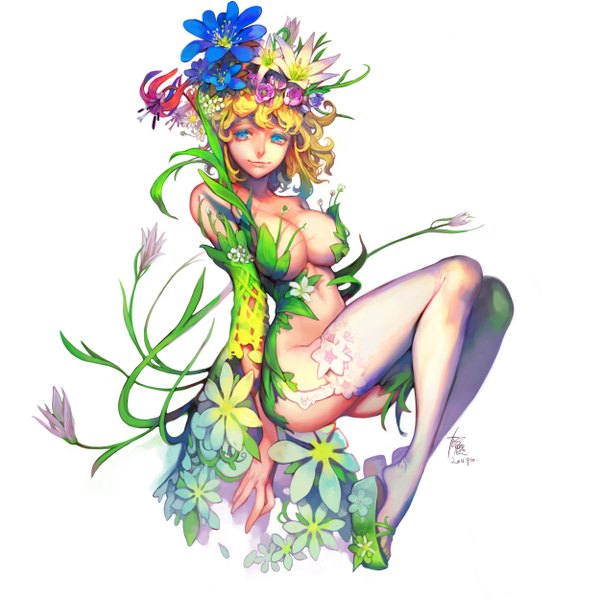 Anime picture 5000x5000 with original yilee highres short hair breasts blue eyes light erotic blonde hair smile large breasts white background absurdres hair flower plant girl thighhighs hair ornament plant (plants) detached sleeves