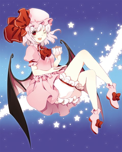 Anime picture 800x1000 with touhou remilia scarlet roh nam kyung single tall image looking at viewer blush short hair open mouth red eyes white hair one eye closed wink girl dress wings shoes star (symbol) star (stars) bonnet