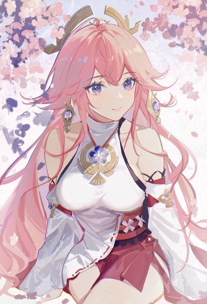 Anime picture 2954x4326 with genshin impact yae miko yutou (yutou75) single long hair tall image looking at viewer fringe highres breasts smile hair between eyes sitting purple eyes bare shoulders payot pink hair traditional clothes japanese clothes wide sleeves