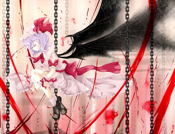Anime picture 1100x843 with touhou remilia scarlet cloudy.r single purple hair eyes closed bat wings leg hug girl dress hat wings boots chain