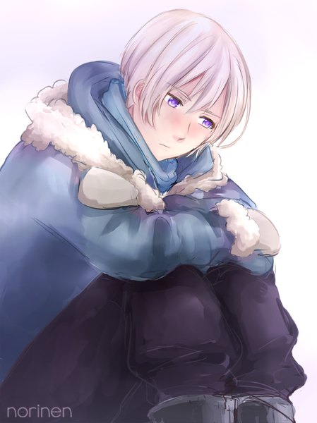 Anime picture 749x1000 with axis powers hetalia studio deen iceland (hetalia) garvella single tall image blush fringe short hair simple background hair between eyes white background sitting purple eyes signed pink hair inscription fur trim looking down sad