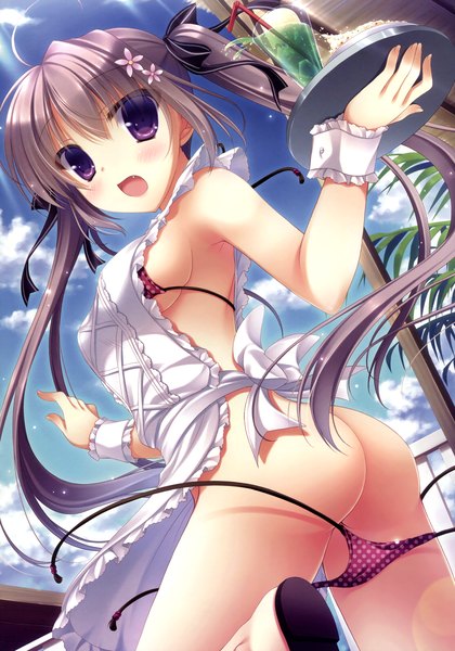 Anime picture 2523x3600 with yukie (peach candy) long hair tall image blush highres breasts open mouth light erotic twintails purple eyes sky cloud (clouds) ass grey hair scan naked apron girl ribbon (ribbons) swimsuit hair ribbon
