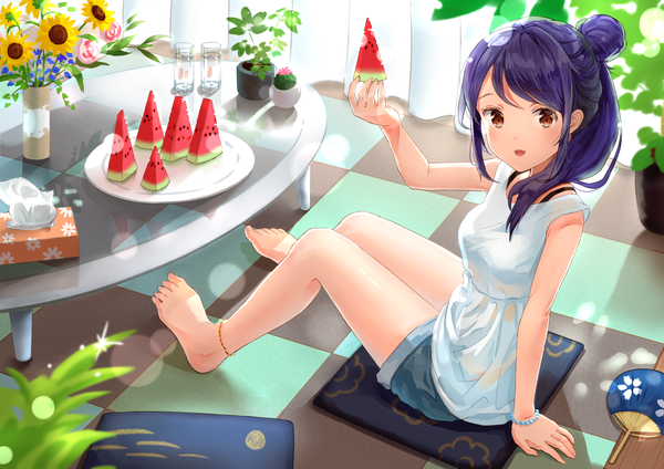 Anime picture 1412x1000 with original ado. single long hair looking at viewer blush open mouth sitting holding brown eyes payot purple hair full body indoors :d barefoot arm support bare legs hair bun (hair buns) lens flare