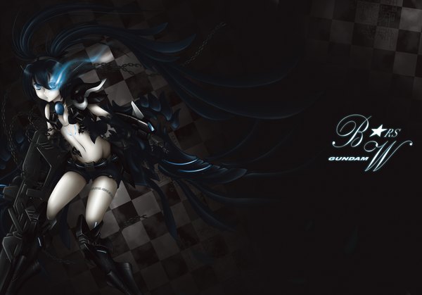 Anime picture 2000x1399 with black rock shooter black rock shooter (character) kuroi mato highres blue eyes black hair twintails glowing black background glowing eye (eyes) checkered background girl weapon gun