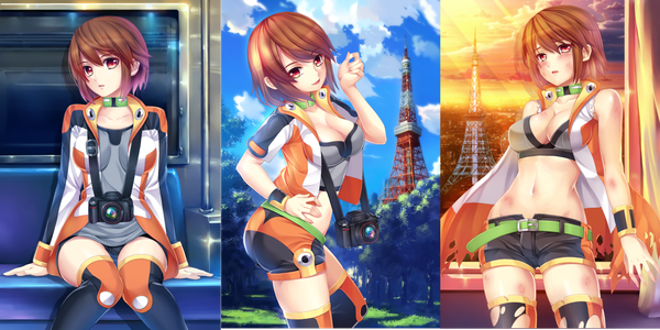 Anime picture 1600x800 with original tonee short hair open mouth light erotic red eyes brown hair wide image sky cloud (clouds) sunlight bare belly midriff hand on hip torn clothes evening sunset multiple persona girl thighhighs