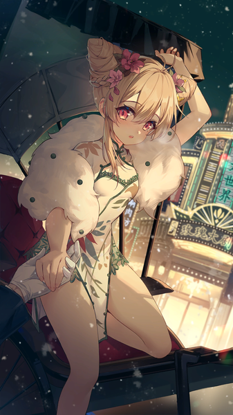 Anime picture 1080x1920 with girl cafe gun tall image looking at viewer blush fringe short hair open mouth blonde hair hair between eyes payot ahoge outdoors braid (braids) traditional clothes pink eyes arm up hair flower night official art :o
