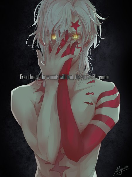 Anime picture 700x933 with d.gray-man allen walker miyukiko single long hair tall image simple background signed yellow eyes white hair nude inscription tattoo glowing black background scar glowing eye (eyes) hands on face boy