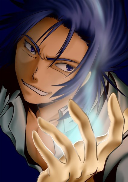 Anime picture 595x842 with saint seiya saint seiya: the lost canvas toei animation cancer deathmask single tall image short hair simple background smile purple eyes blue hair looking away open clothes open shirt magic black background eyebrows smirk boy shirt