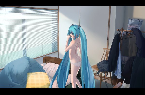 Anime picture 1200x791 with vocaloid hatsune miku light erotic very long hair aqua eyes aqua hair topless girl underwear panties