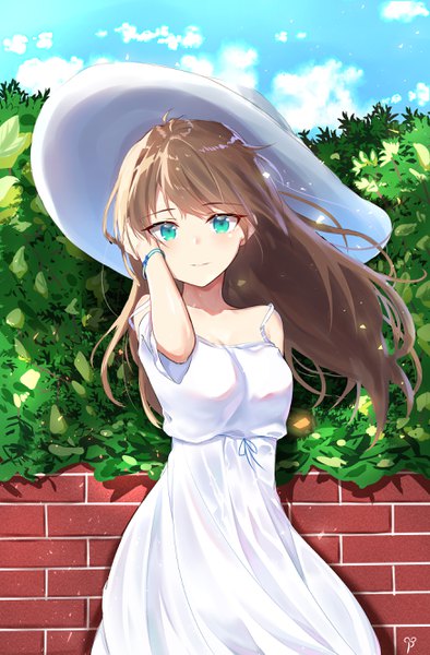 Anime picture 1748x2661 with original kuki panda (wkdwnsgk13) single long hair tall image looking at viewer blush fringe highres breasts smile brown hair standing bare shoulders signed sky cloud (clouds) ahoge outdoors aqua eyes