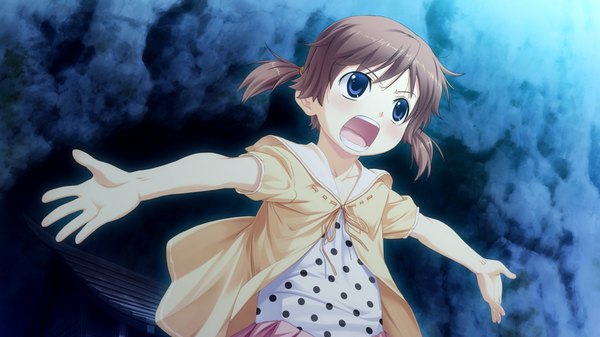 Anime picture 1024x576 with suigetsu 2 short hair open mouth blue eyes brown hair wide image game cg loli spread arms girl