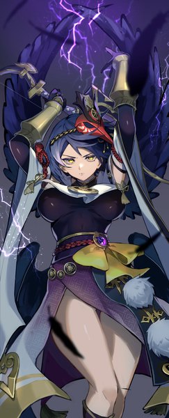 Anime picture 1000x2468 with genshin impact kujou sara namae (areees) single tall image short hair breasts light erotic black hair large breasts yellow eyes arms up black wings mask on head electricity multiple wings girl weapon wings feather (feathers)
