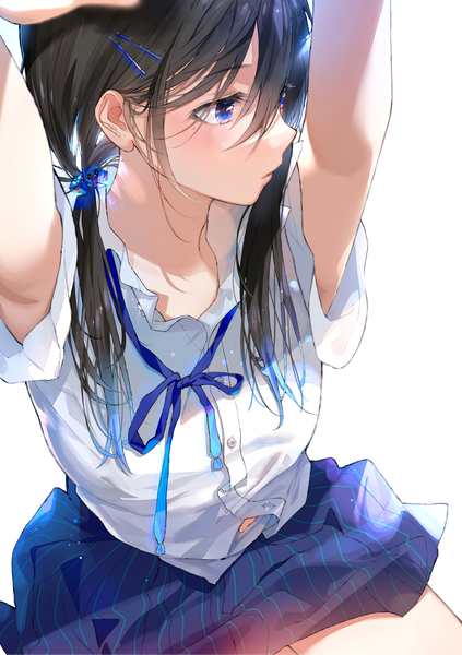Anime picture 1418x2012 with original mirin boshi single long hair tall image blush fringe blue eyes black hair simple background hair between eyes white background looking away upper body mole arms up armpit (armpits) mole under eye open collar girl