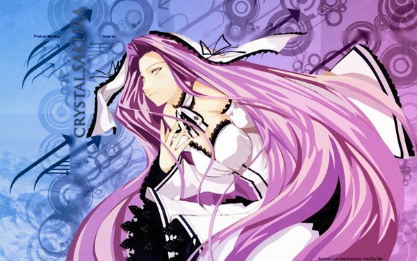 Anime picture 1280x800 with fate (series) fate/stay night fate/hollow ataraxia studio deen type-moon rider long hair wide image bare shoulders purple hair very long hair pink eyes dress choker