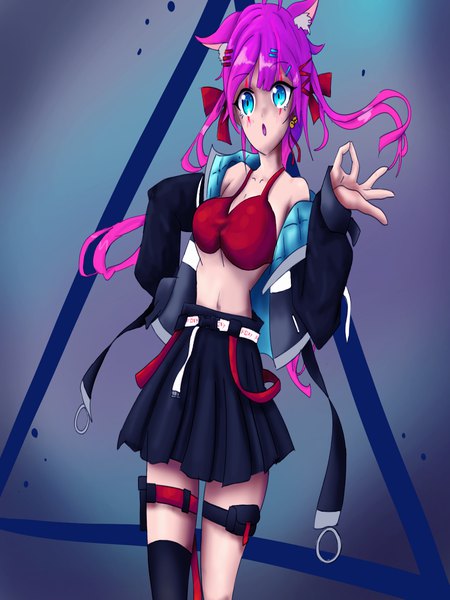 Anime picture 1080x1440 with original rainbow d fox single long hair tall image looking at viewer fringe breasts open mouth blue eyes light erotic simple background standing animal ears pink hair off shoulder open jacket :o midriff facial mark