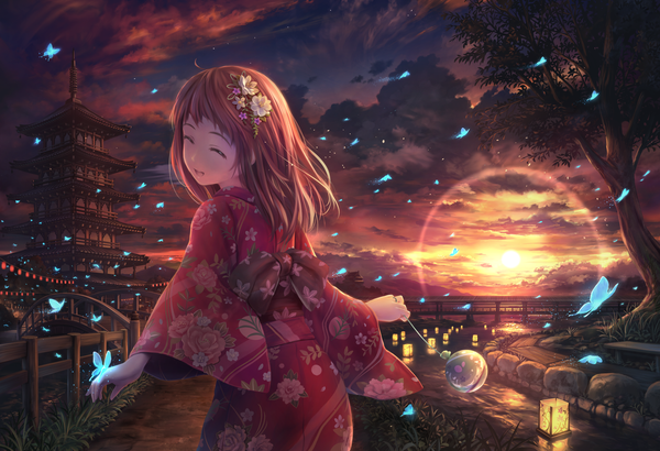 Anime picture 2047x1400 with original soraizumi single long hair fringe highres open mouth brown hair standing holding sky cloud (clouds) ahoge outdoors eyes closed traditional clothes japanese clothes looking back hair flower wind