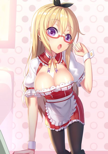 Anime picture 1000x1420 with original ririko (zhuoyandesailaer) single long hair tall image blush fringe breasts open mouth light erotic blonde hair large breasts purple eyes indoors leaning leaning forward polka dot adjusting glasses girl pantyhose