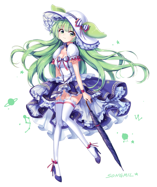 Anime-Bild 1200x1426 mit original songmil single long hair tall image looking at viewer fringe simple background smile white background green eyes signed green hair high heels closed umbrella girl thighhighs hat white thighhighs frills