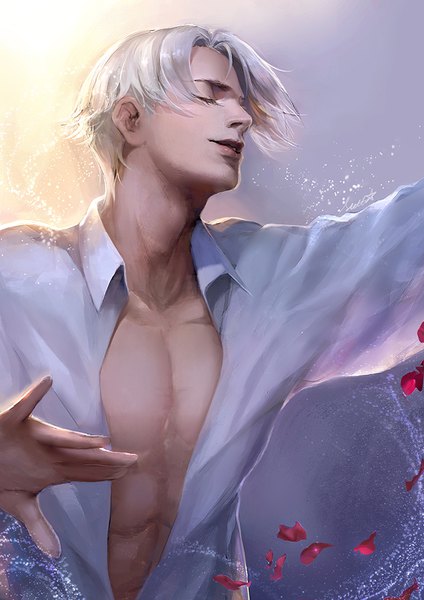 Anime picture 707x1000 with yuri!!! on ice mappa viktor nikiforov stellarism single tall image short hair simple background signed silver hair upper body eyes closed parted lips profile open shirt outstretched arm muscle boy shirt petals