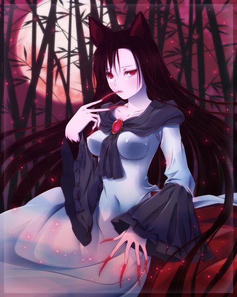 Anime picture 1024x1280 with touhou imaizumi kagerou ah-negitorow single tall image looking at viewer blush fringe breasts red eyes animal ears very long hair nail polish fingernails night glowing pale skin long fingernails wolf ears red nail polish