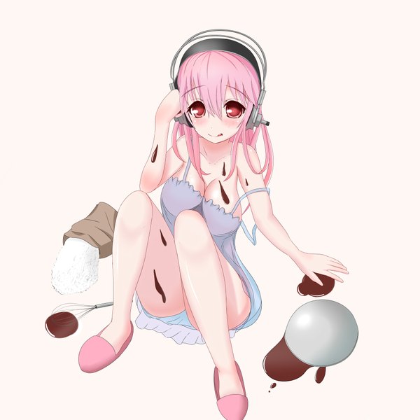 Anime picture 4096x4096 with nitroplus super sonico single long hair blush highres breasts light erotic simple background red eyes white background pink hair absurdres cleavage :p valentine girl food sweets headphones