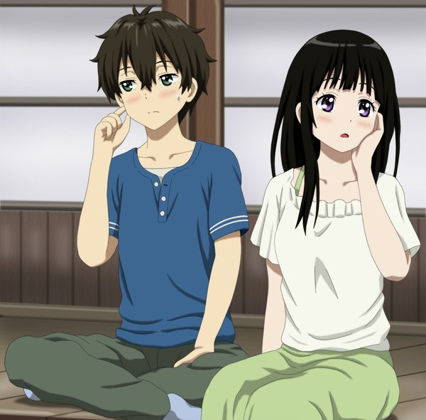 Anime picture 1000x986 with hyouka kyoto animation chitanda eru oreki houtarou cp9a long hair blush short hair open mouth black hair sitting purple eyes green eyes looking away couple girl dress boy t-shirt