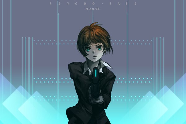 Anime picture 1800x1200 with psycho-pass production i.g tsunemori akane single looking at viewer highres short hair brown hair aqua eyes wind girl weapon gun
