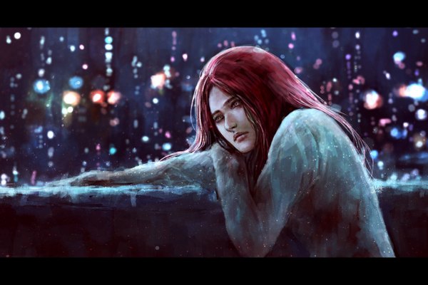 Аниме картинка 1350x900 с nanfe один (одна) длинные волосы подписанный красные волосы губы реалистичный ночь датированный letterboxed дождь бледная кожа городские огни грусть 2015 девушка кровь